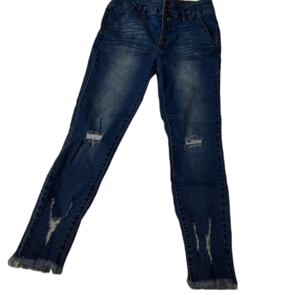 C'est Toi High Rise Button Fly Distressed Skinny Ankle Blue Jeans SZ 11